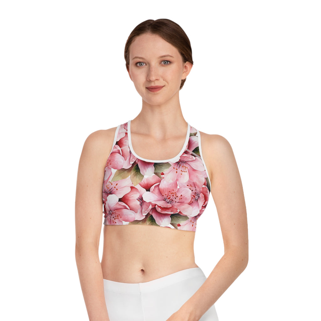 Pink Watercolor Floral Sports Bra | Cherry Blossom Athletic Top