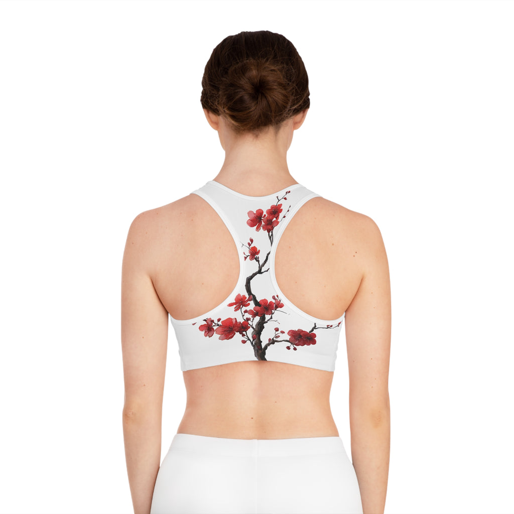 Red Cherry Blossom Branch Sports Bra | Floral Athletic Crop Top | Japanense Sakura Floral Top