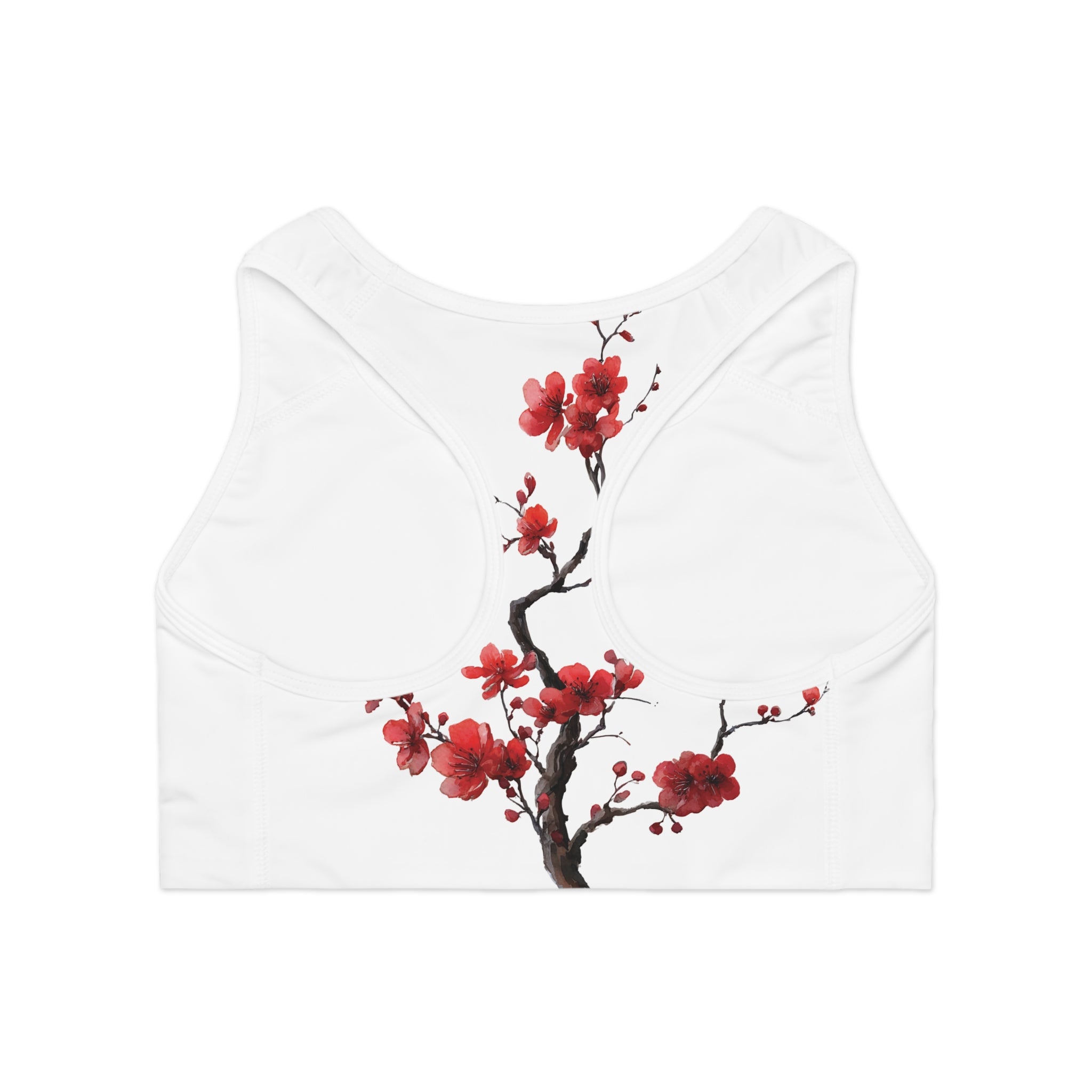 Red Cherry Blossom Branch Sports Bra | Floral Athletic Crop Top | Japanense Sakura Floral Top