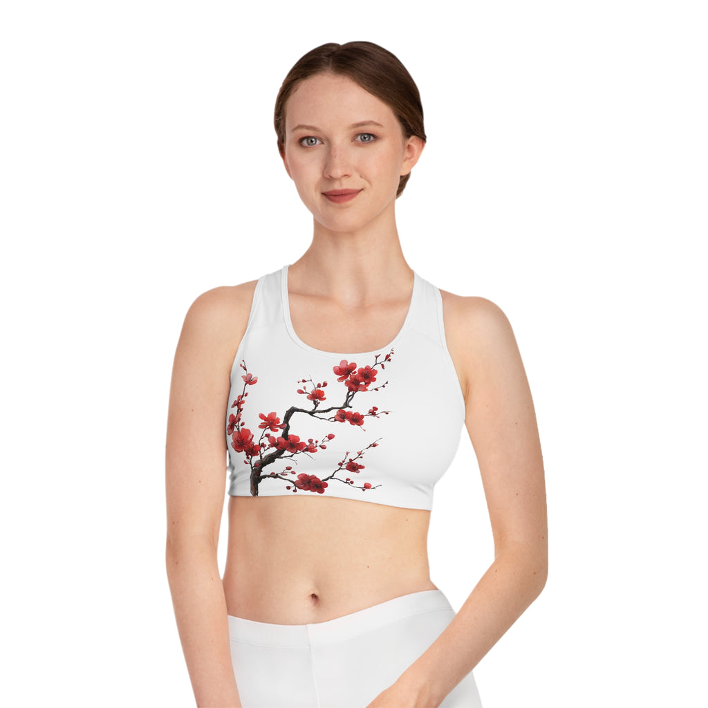 Red Cherry Blossom Branch Sports Bra | Floral Athletic Crop Top | Japanense Sakura Floral Top