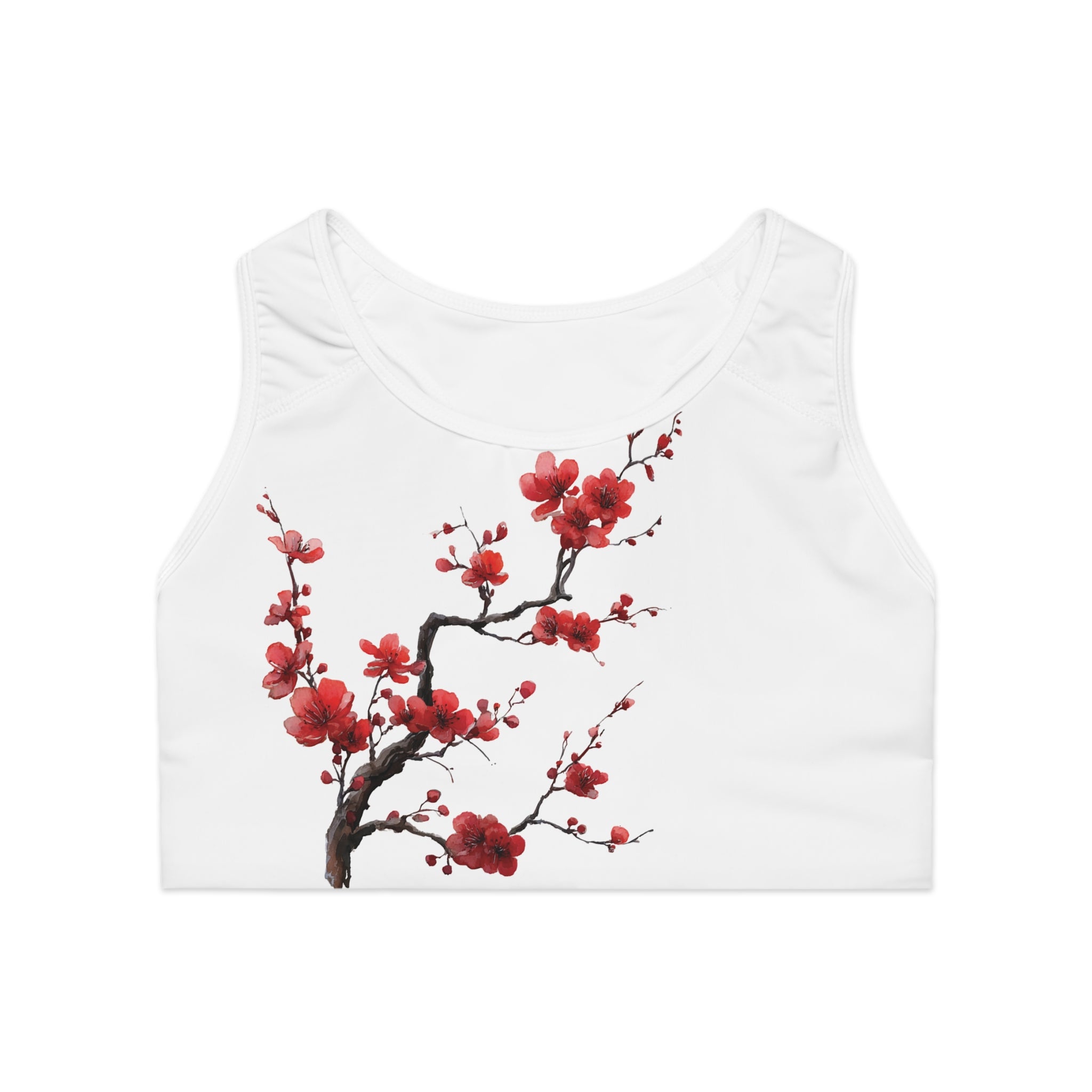 Red Cherry Blossom Branch Sports Bra | Floral Athletic Crop Top | Japanense Sakura Floral Top
