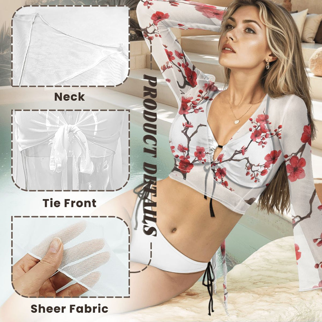 Cherry Blossom Flower Swimsuit Cardigan Top